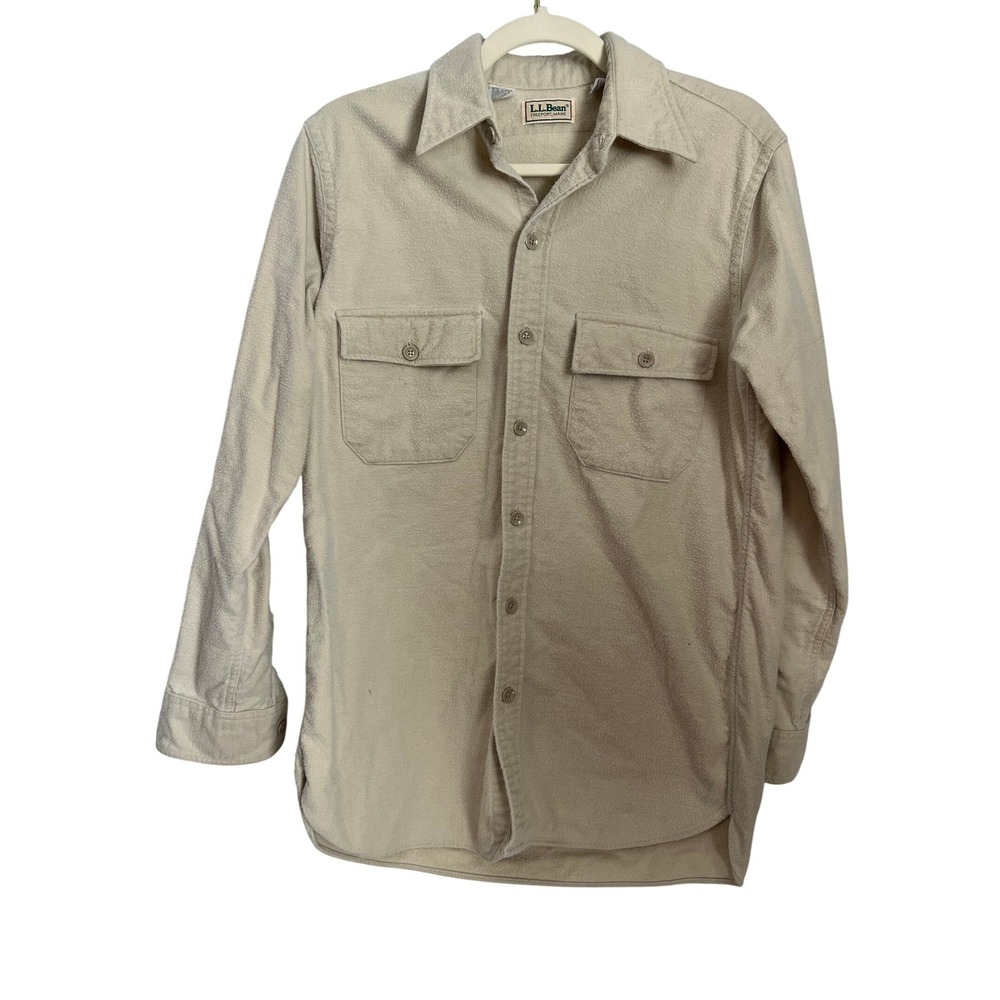 LL Bean Vintage Chamois Cloth Shirt Mens Size 15.5 Beige Workwear Cotton Top